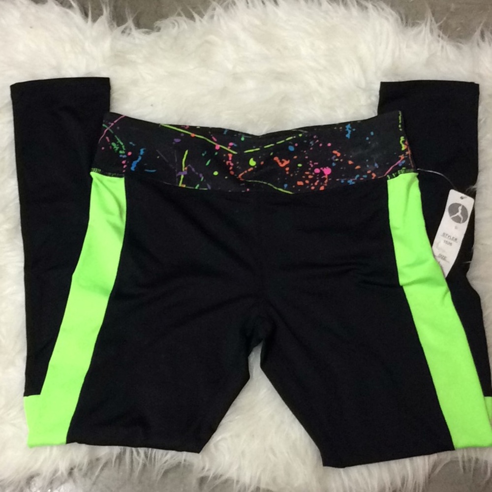 Yoshion legging with neon splatter‎ detail women’s workout size L spandex